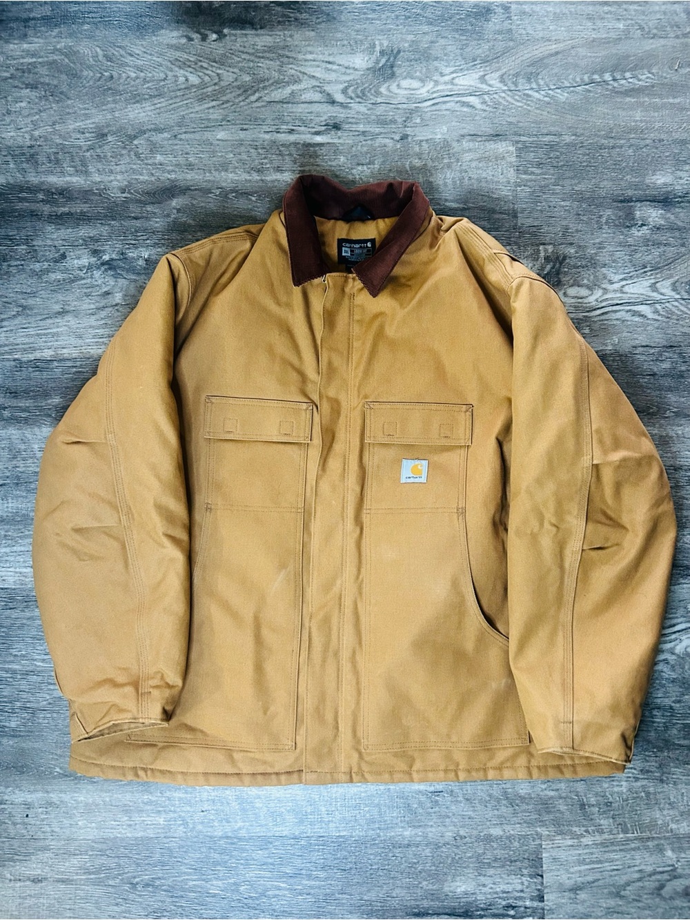 Carhartt Men’s Tan Duck Jacket with Brown Corduroy Collar